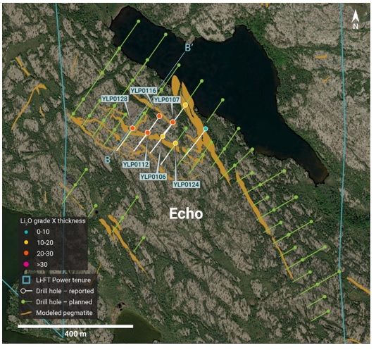 Plan view showing the surface expression of the Echo pegmatite, reported holes from 2023 drilling, and planned holes for the 2024 winter program.