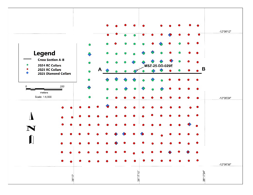 Kazhiba Main 2024 and 2025 drill hole locations. Note: Location of MSZ-25-DD-029E and location of section shown in Figure 4 (A to B). 