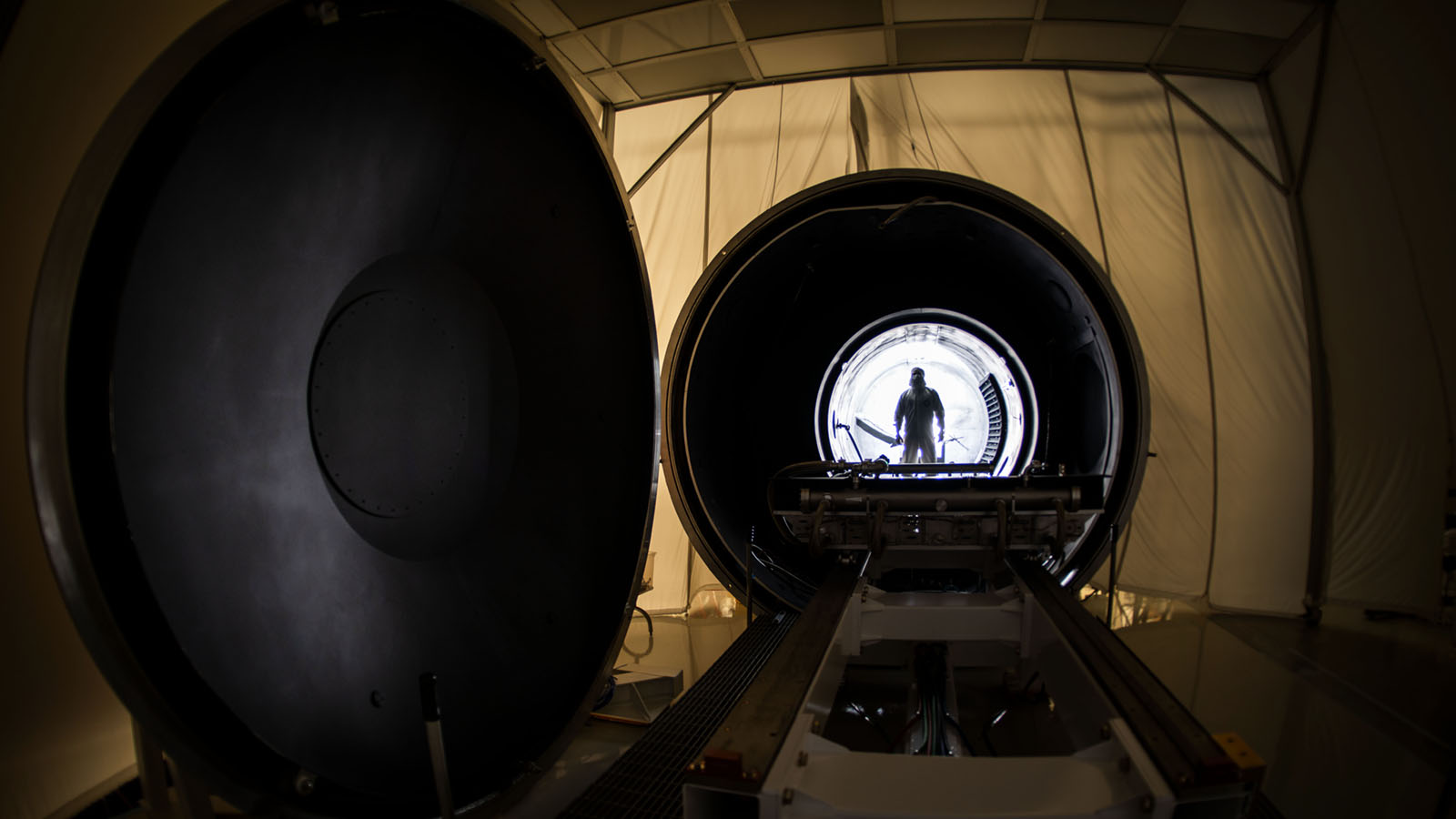 For decades, SDL has developed extensive environmental testing and validation capabilities for space, airborne, and miniaturized systems. This March 26 photo captures one of several chambers used at SDL for testing and calibration. (Credit: Allison Bills/Space Dynamics Laboratory)