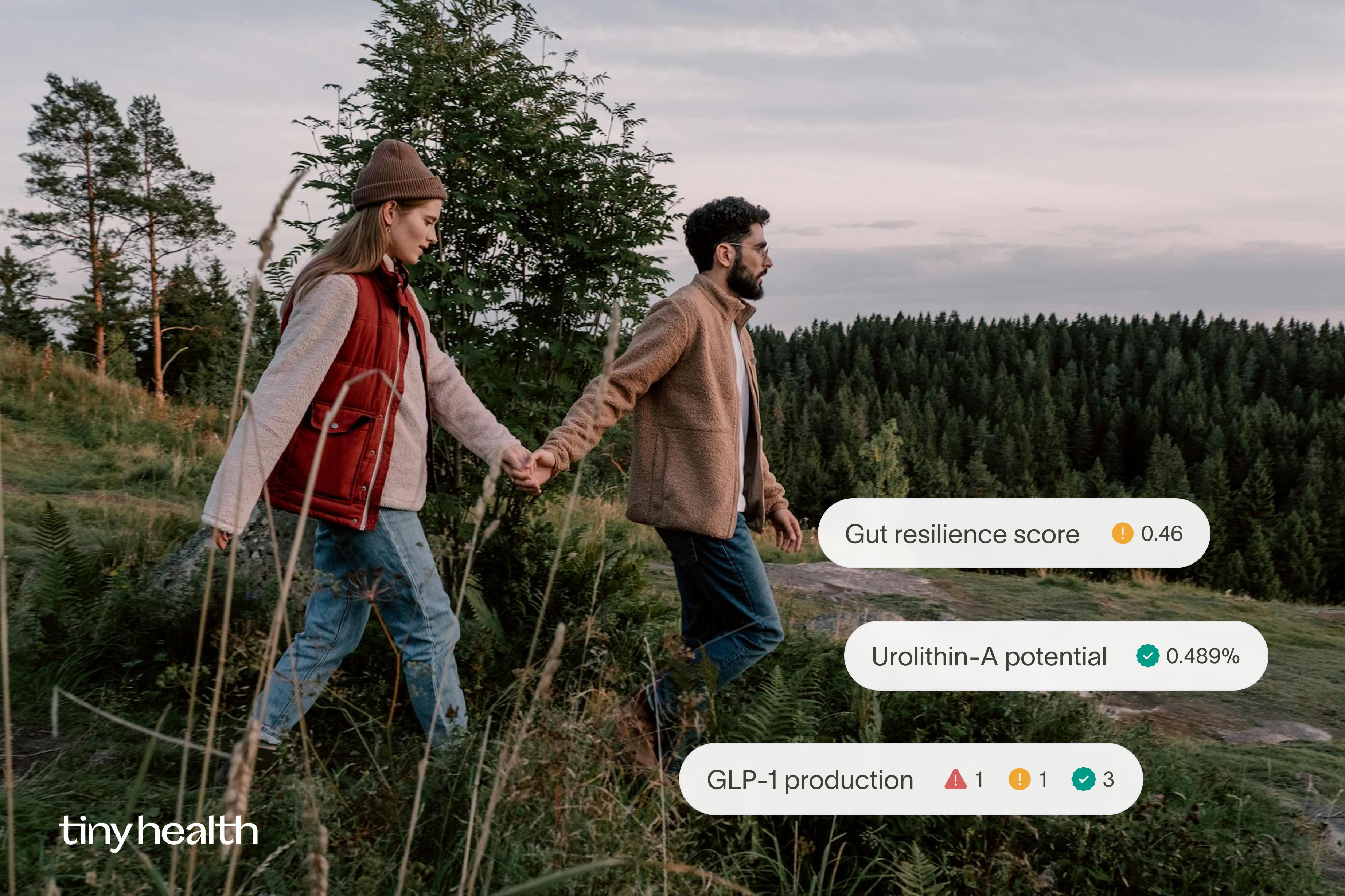 Tiny Health gut test metrics for Gut resilience, Urolithin-A, and GLP-1 production overlaid on a photo of a health-conscious couple walking in nature