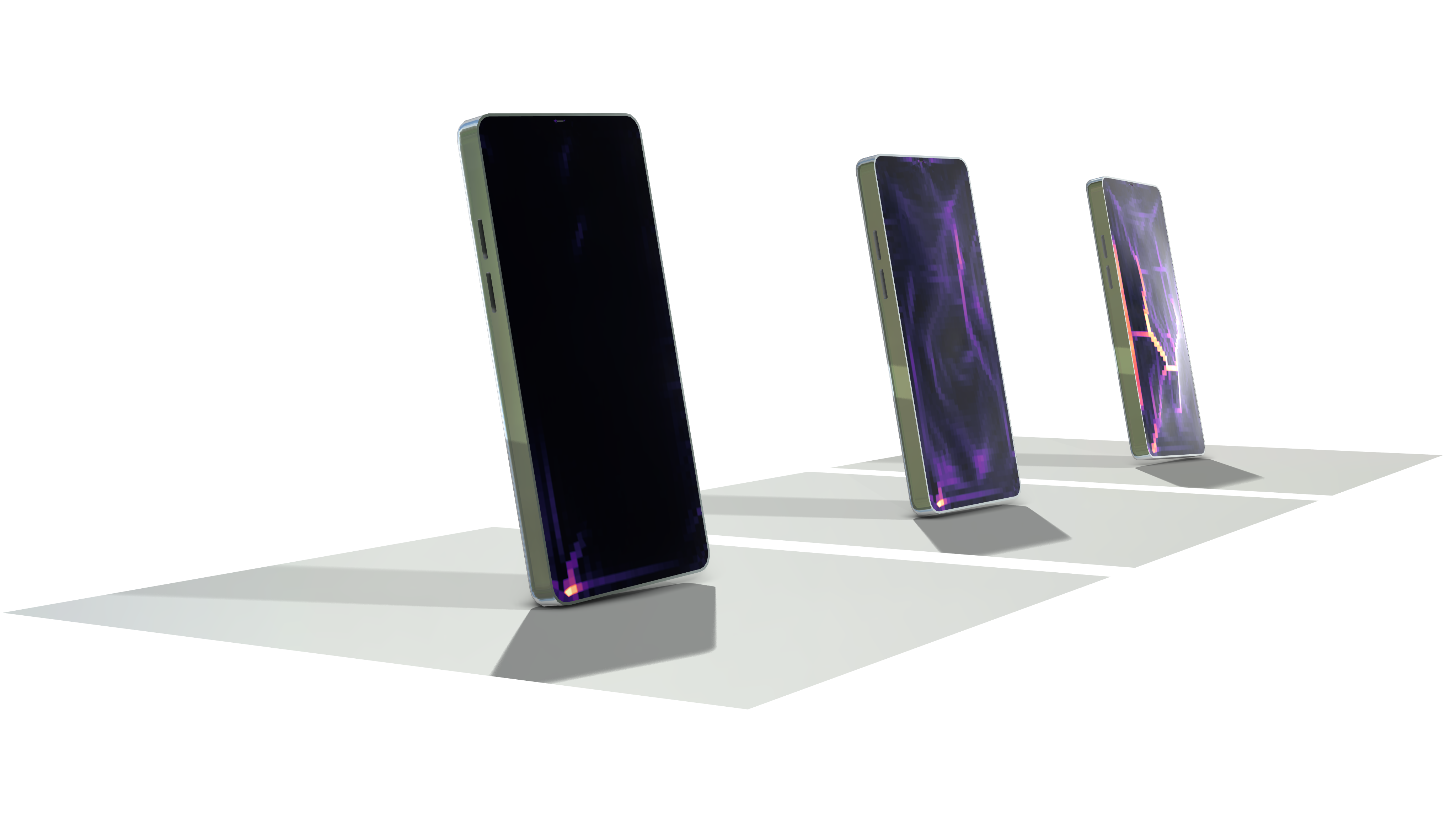 Three side-by-side plots showing cracks propagating in the glass screen of a cell phone