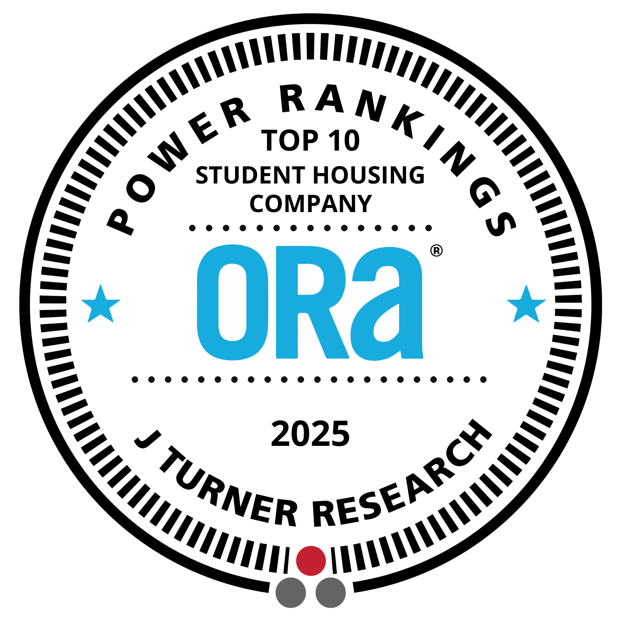 2025 ORA Power Rankings badge from J Turner Research recognizing a Top 10 Student Housing Company.