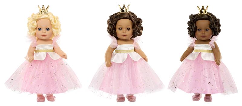 Dressed in satin, sparkle, and golden crowns, each doll (Annabell, Ava, Harper) is available in diverse skin tones and eye colors. Includes bottle; eyes close when laid down. Ages 3+. MSRP: $33.99.