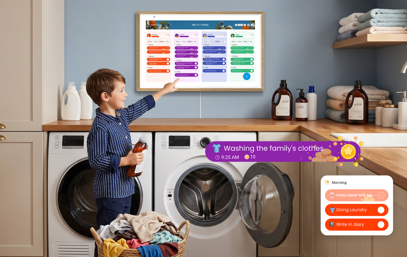 A child completes a laundry room chore using ApoloSign, checking it off for a reward animation.