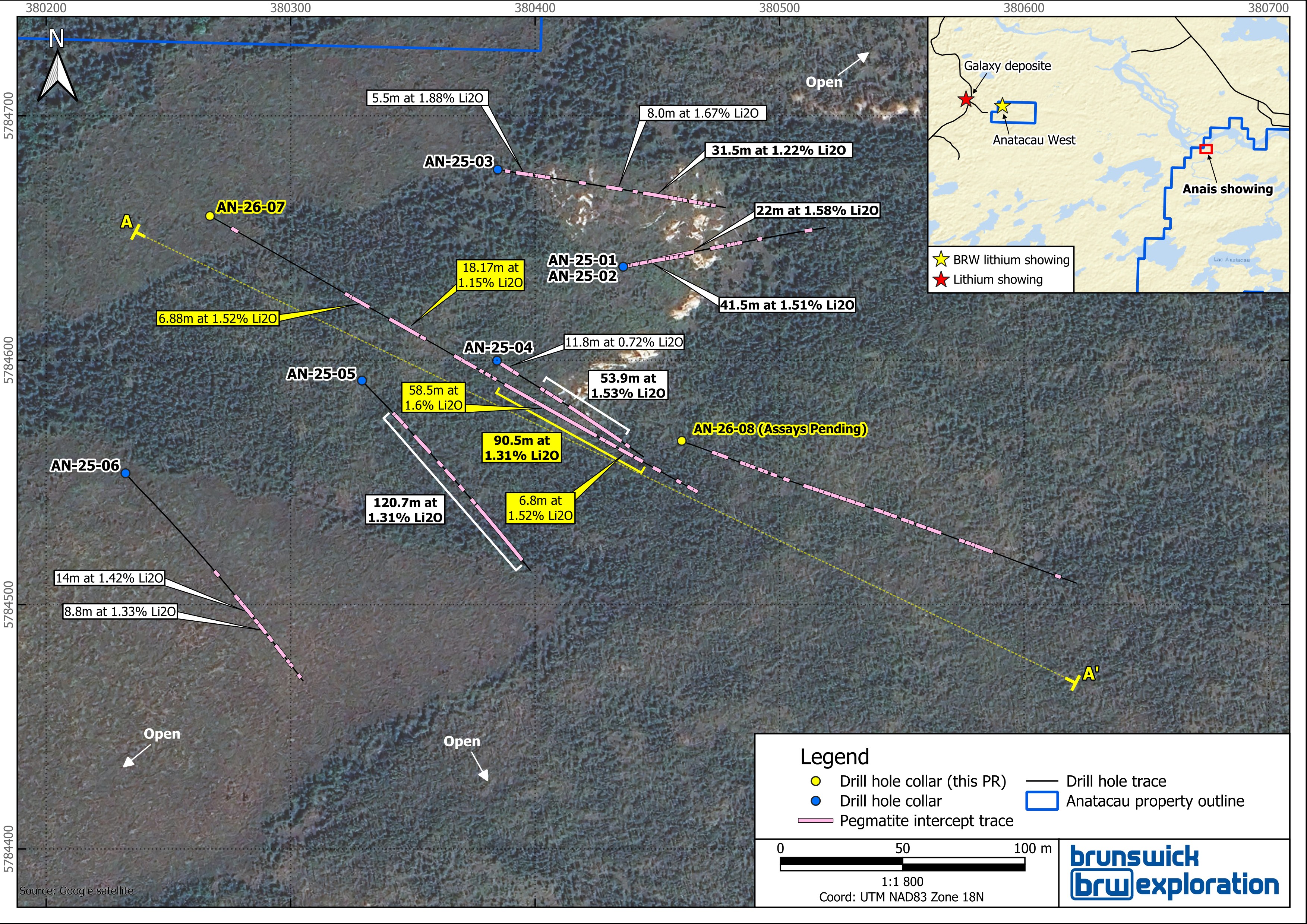 Surface Map of the Anatacau Main Project and Drill Holes Completed to Date