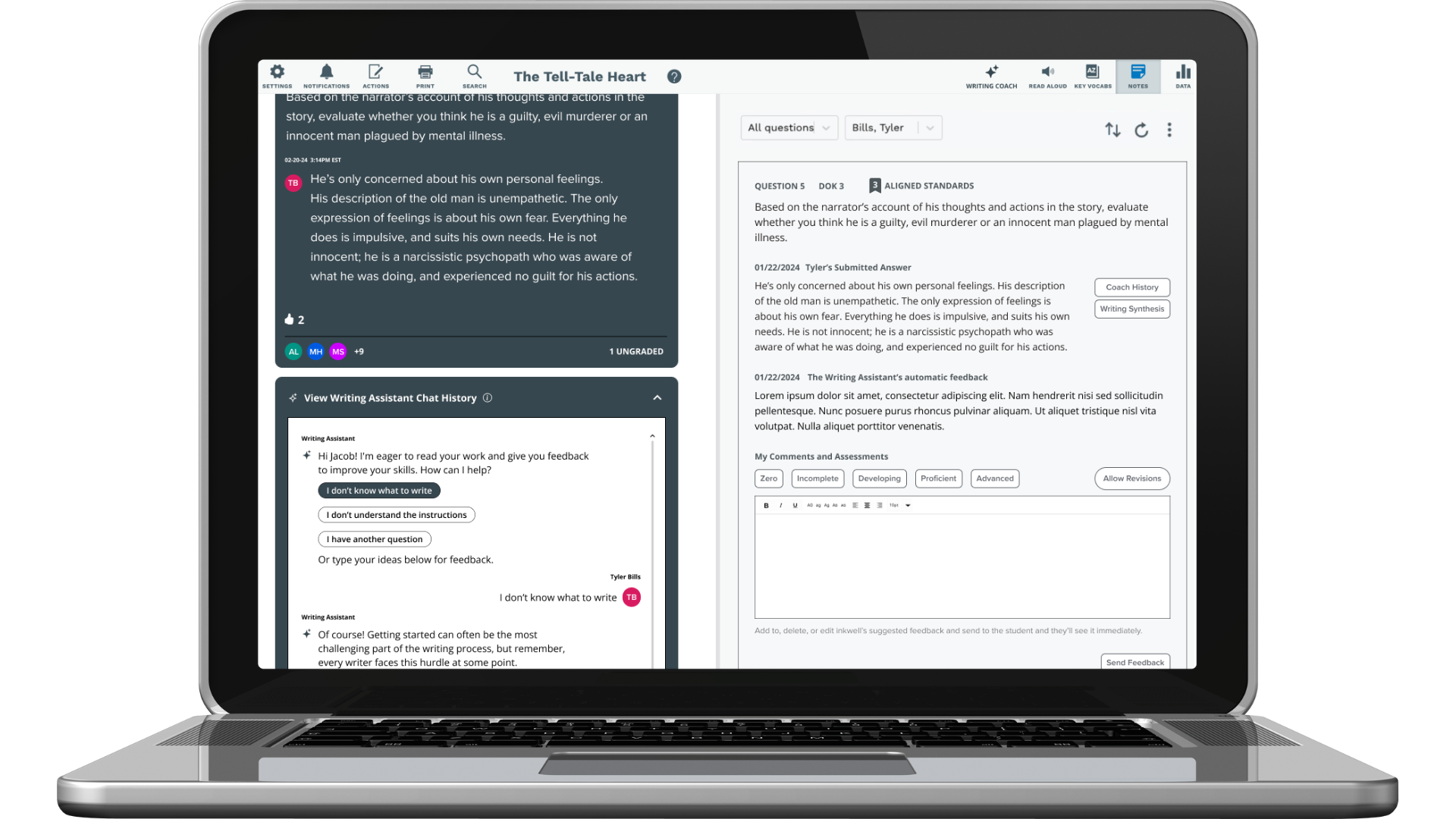 The tool allows students to ask for targeted guidance and feedback throughout the short-form writing process.