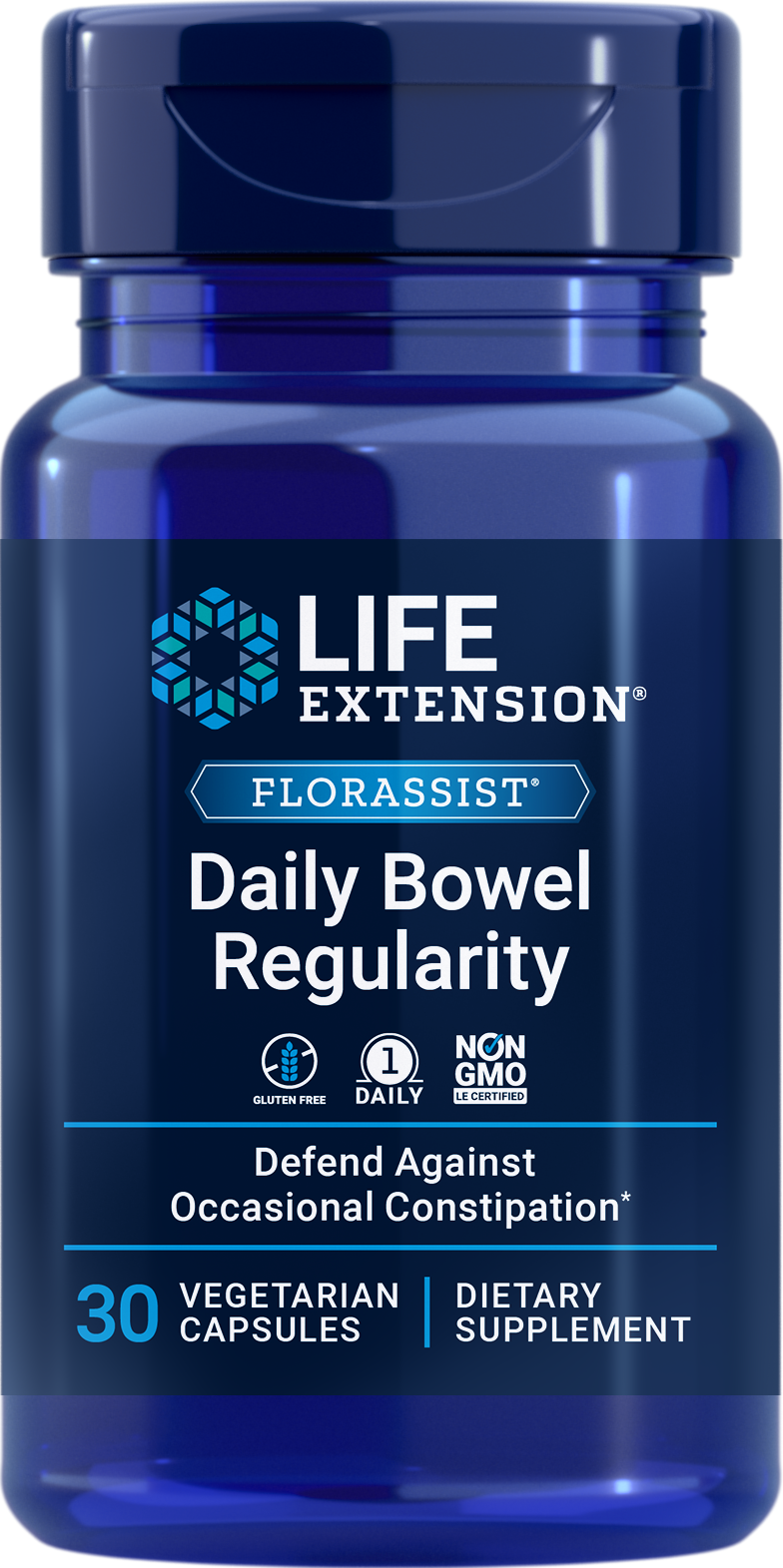 Life Extension’s new FLORASSIST® Daily Bowel Regularity contains clinically studied Bifidobacterium lactis HN019, a probiotic strain shown to encourage and maintain bowel regularity and comfort, non-GMO, once-daily-dosing, vegetarian dietary supplement. Defends against occasional constipation.