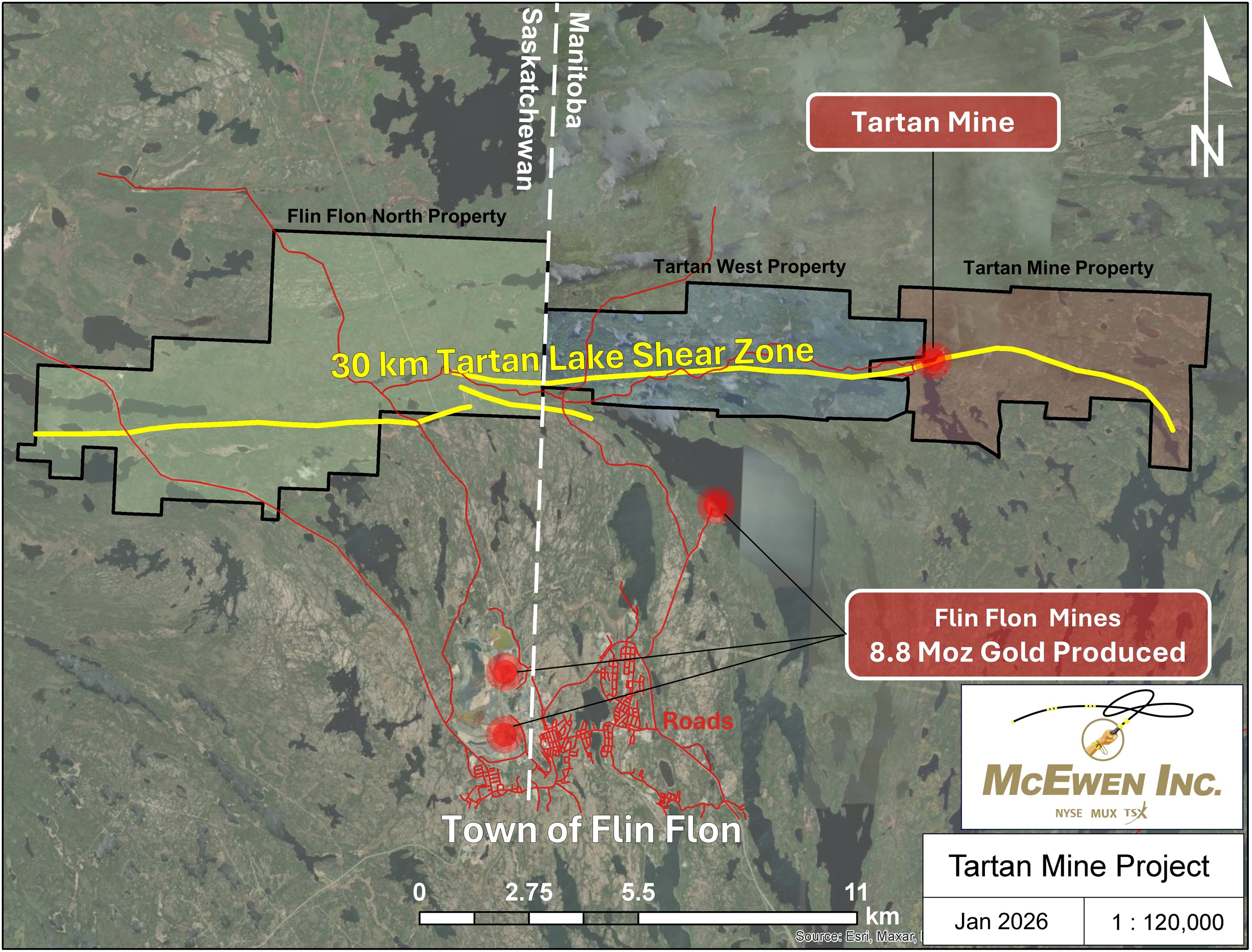 Figure 1: Tartan Mine Project Location Relative to Flin Flon and Tartan Shear Location on McEwen Mineral Claims (Manitoba and Saskatchewan). 