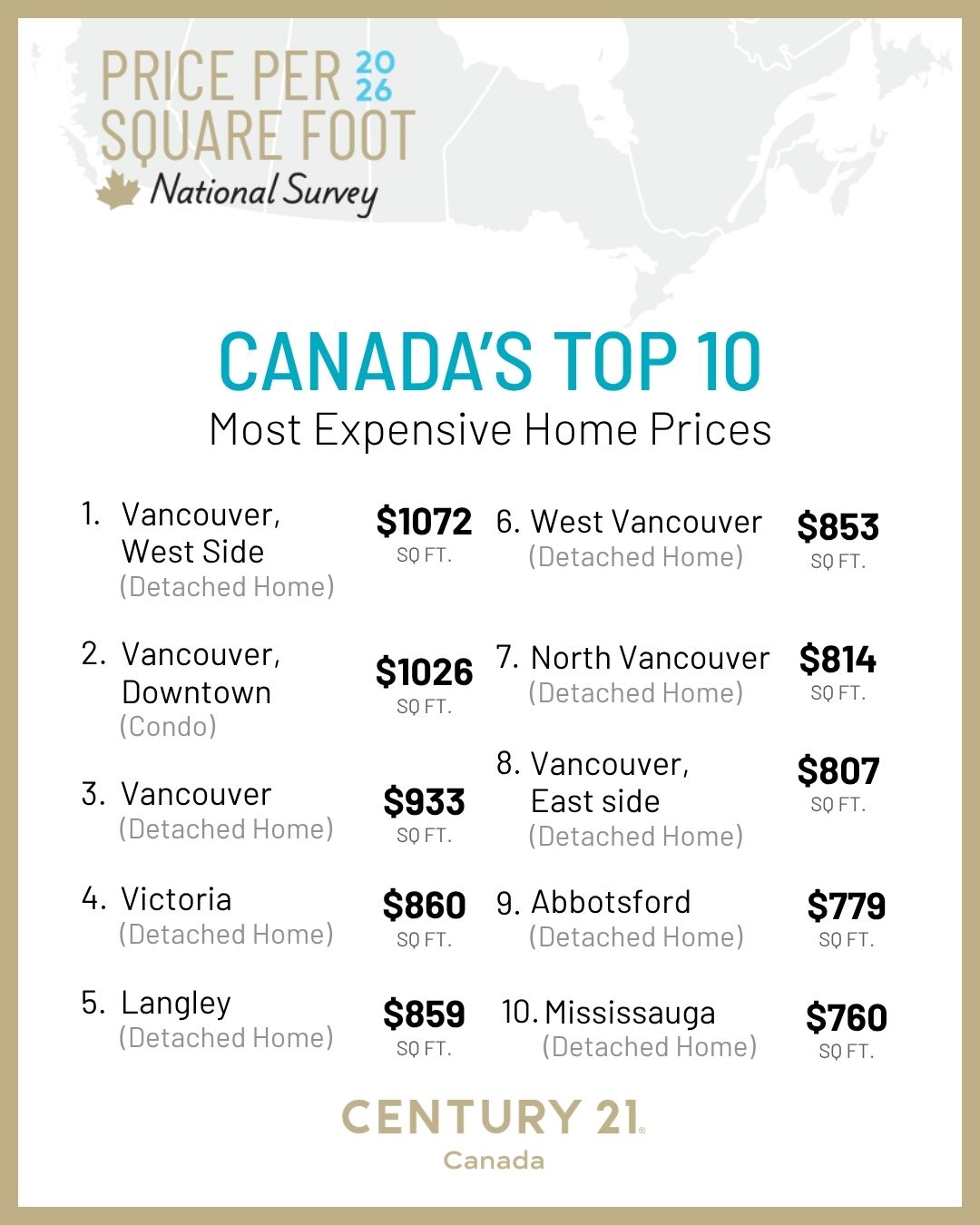 Century 21 Canada Top 10 Most Expensive PPSF 2026