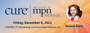 Graphic with event information for 2022 MPN Heroes, accompanied by a photo of keynote speaker Vanessa Bayer