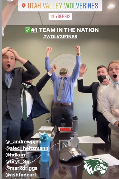 Members of UVU's National Security Team when they found out they won first place in the Atlantic Council’s Cyber 9/12 Strategy Challenge.