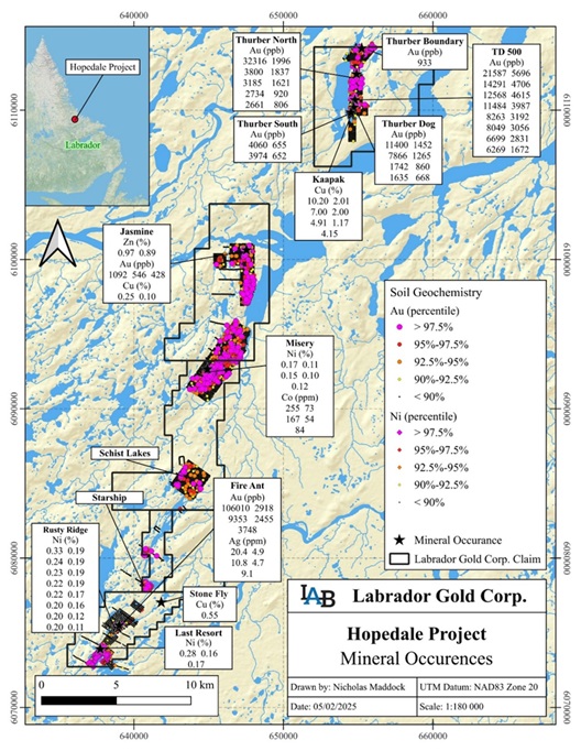 Figure 3. Location of gold, nickel, copper, and zinc occurrences on the Hopedale Property.* image
