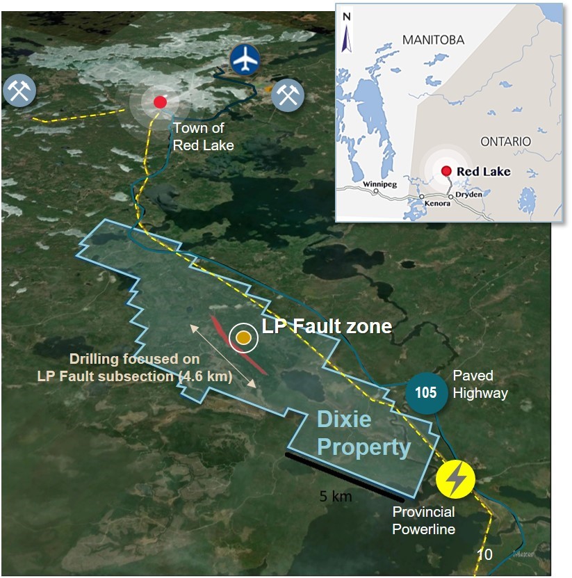 Figure 1. Map of Dixie property and LP Fault zone location