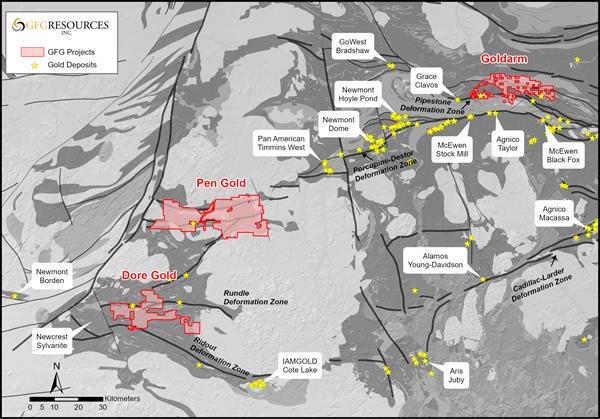 Figure 1: Regional Map of GFG Gold Projects in the Timmins Gold District