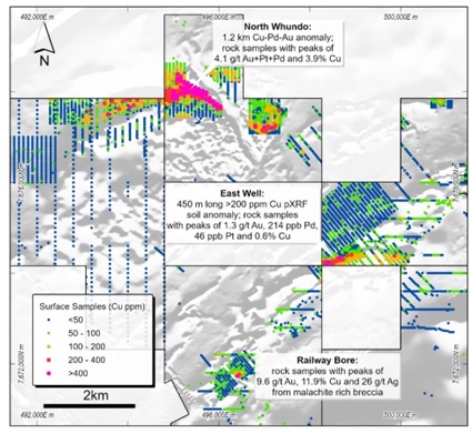 Figure 4: Karratha district prospects and Cu surface geochemistry over 1XD magnetic data. 