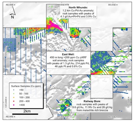 Figure 4: Karratha district prospects and Cu surface geochemistry over 1XD magnetic data.