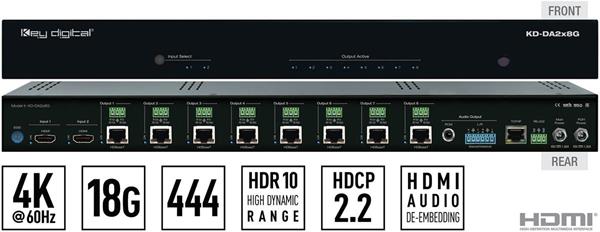 KD-DA2x8G
2x8 4K/18G POH/HDBT/HDMI Distribution Amplifier/Switcher with Audio De-Embedding