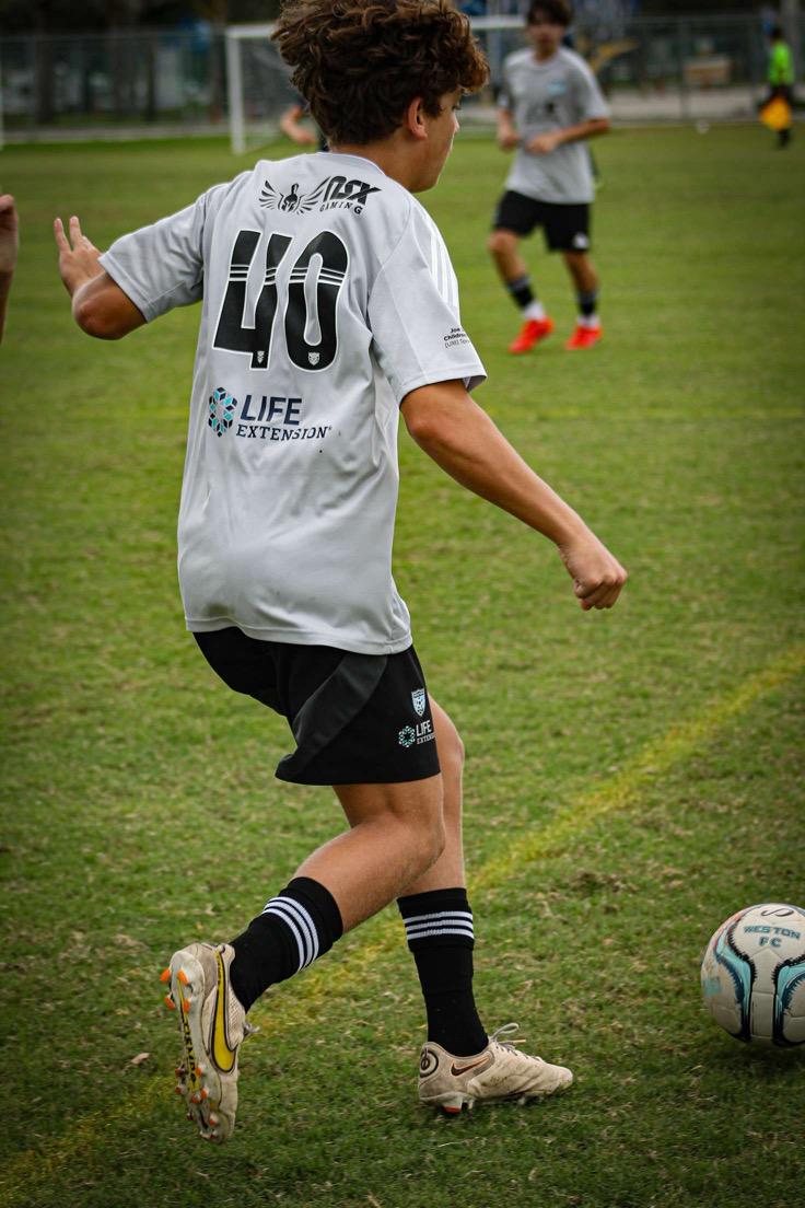 A Weston FC Soccer Club player wearing the new jersey with the Life Extension logo. © 2024 Weston FC Soccer ClubA Weston FC Soccer Club player wearing the new jersey with the Life Extension logo. © 2024 Weston FC Soccer Club