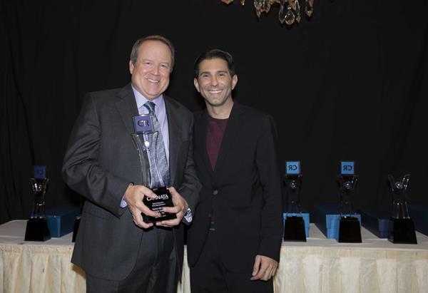 November 7, 2019 – Morristown, NJ – Kevin Kern, Senior Vice President, Business Intelligence Services and Product Planning, Konica Minolta, accepts the 2019 Frank Award for “Best Production Print Manufacturer” award from CJ Cannata, President and CEO of The Cannata Report. 