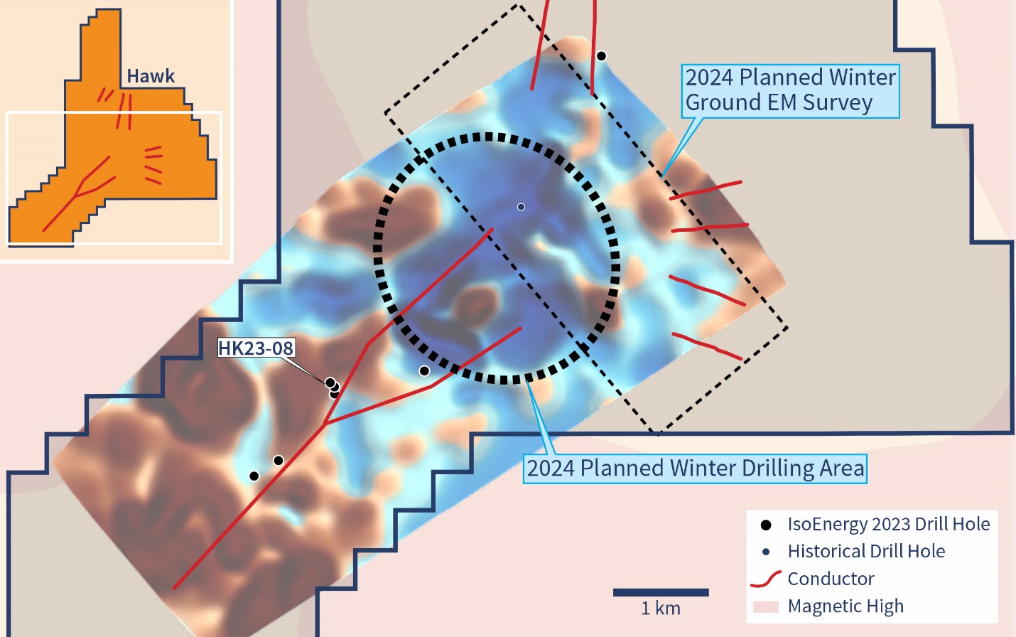 Hawk Project Planned Drilling and Geophysical Areas. 