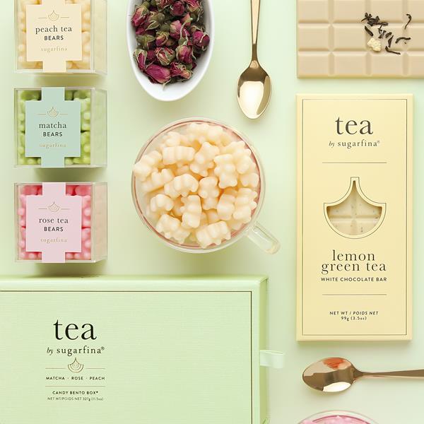 Tea by Sugarfina, a candy collection inspired by flavors of matcha, rose, peach, earl grey, and lemon, launched in September 2020 and features three gummy candies accompanied by three chocolate bars.