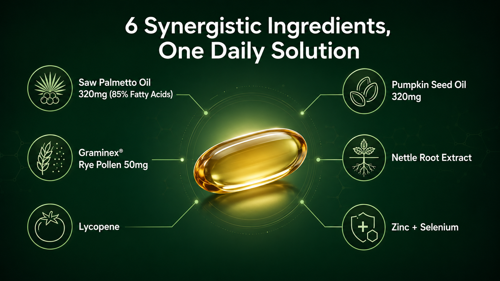 HojaSana Saw Palmetto Supplement highlighting saw palmetto oil, pumpkin seed oil, rye pollen, zinc, and selenium ingredients.