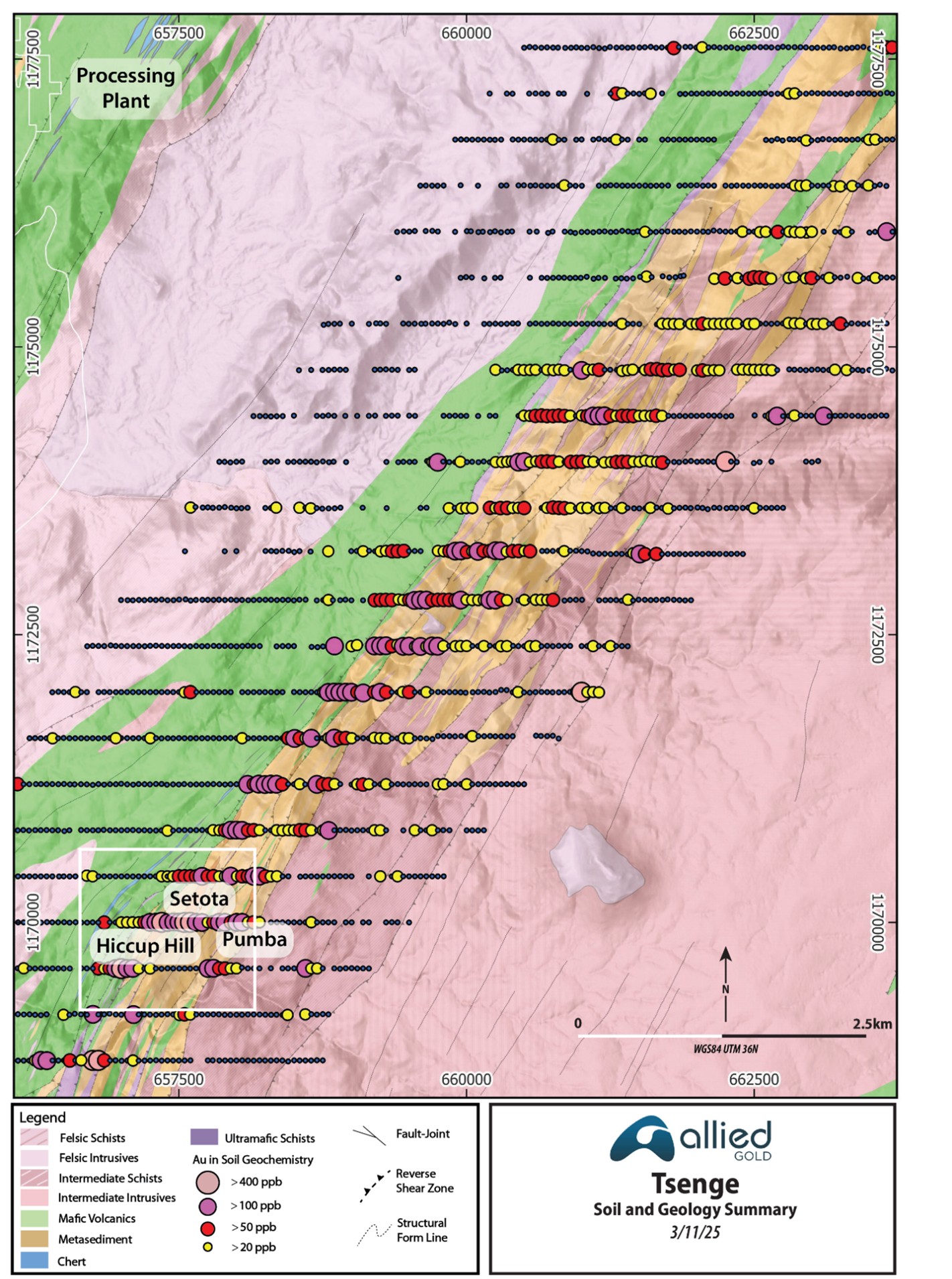 Plan View Tsenge Geology and Soil Anomaly Summary
