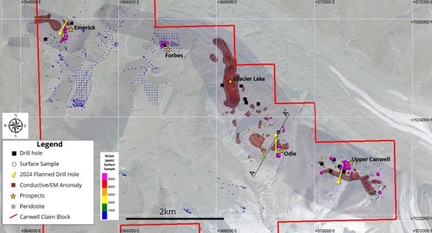 Overview map of the Canwell claim block with surface sampling results, location of historical drill holes, geophysical anomalies and planned drill holes for 2024.