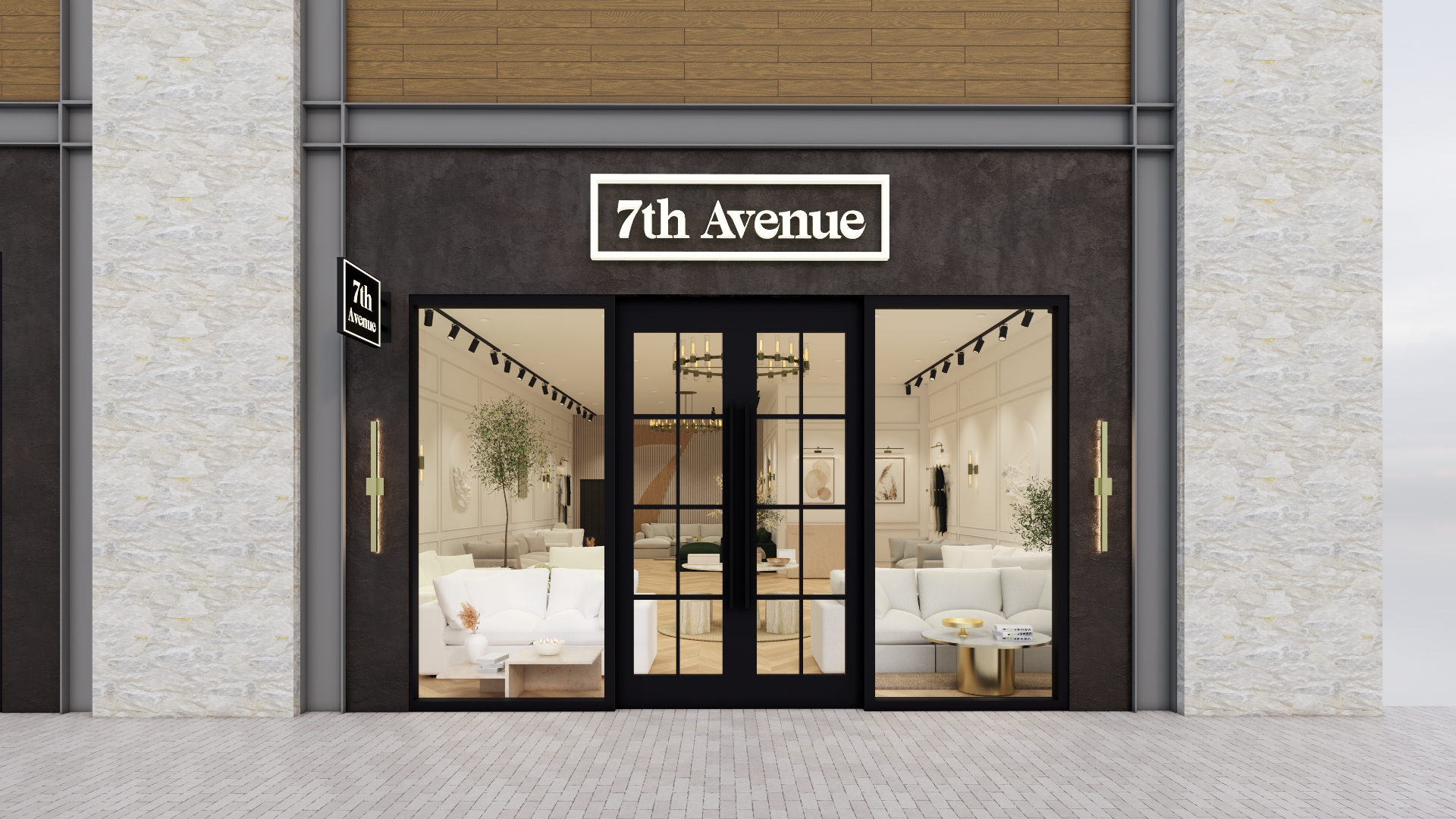 Entrance to the 7th Avenue showroom at Legacy West in Plano with the 7th Avenue sign above the storefront