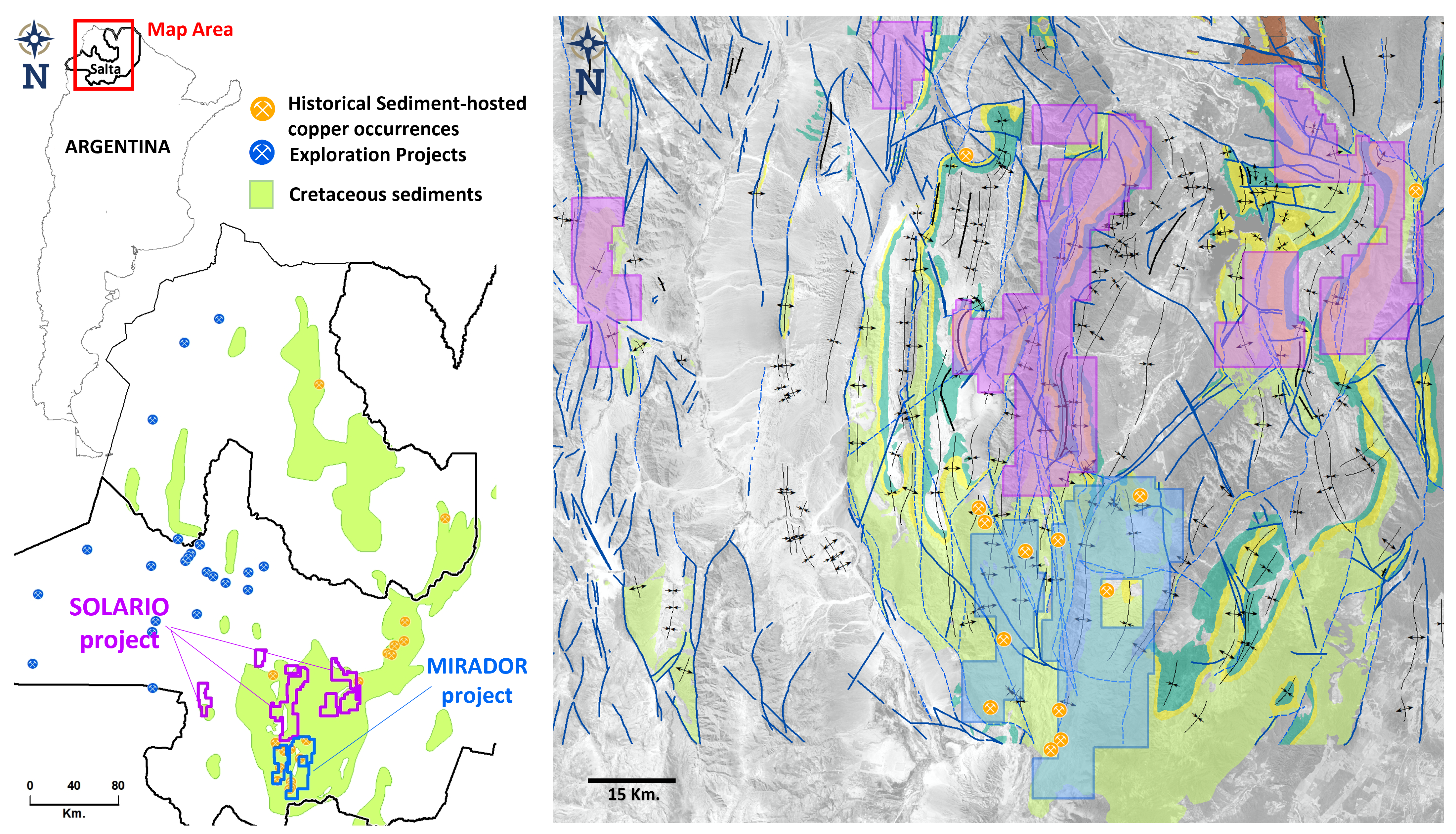 Solario project location in central Salta Province (left) and location of the Project relative to the Cretaceous sediments and relative to the Company’s wholly-owned Mirador copper project (right).  Distribution of known copper occurrences is shown with orange symbols.