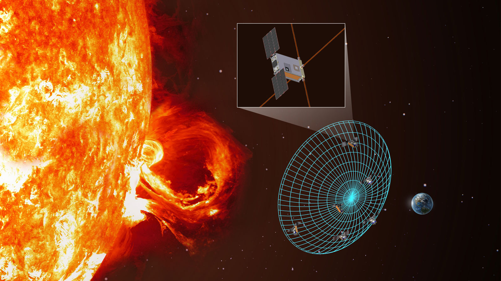 The Space Dynamics Laboratory announced today that it has been awarded a contract by NASA’s Jet Propulsion Laboratory to build six CubeSats for NASA’s Sun Radio Interferometer Space Experiment mission, known as SunRISE. Once launched, the constellation of six CubeSats will fly in a loose formation acting as a single radio telescope to observe radio images of low-frequency emissions from solar activity and share them via NASA’s Deep Space Network. (Credit: NASA Jet Propulsion Laboratory)