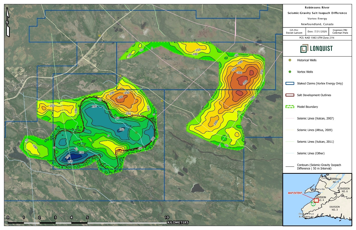 Difference between seismic-derived and gravity-inversion salt-thickness models, calculated as seismic-derived thickness minus gravity-inversion thickness. Negative values indicate areas where the gravity inversion models a thicker salt interval than the seismic interpretation, while positive values indicate the reverse. Values are expressed in metres and represent model-to-model differences, not measured salt thickness.