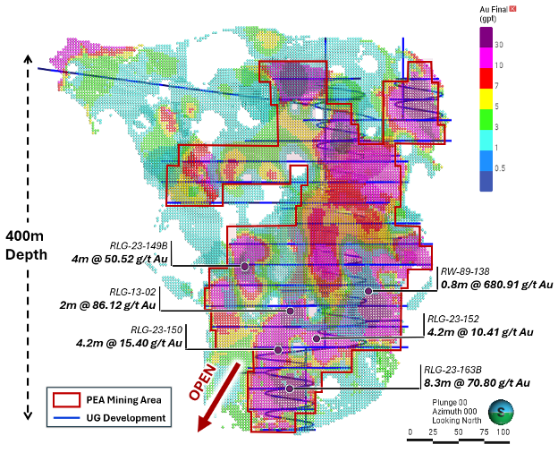 FIGURE 11. Long section of Rowan block model at 1 g/t Au cutoff showing PEA mine design (blue) and outline of areas planned for long hole stoping on Veins 001, 003 and 004 (red outline). Notable assay intercepts have been highlighted to indicate the  image