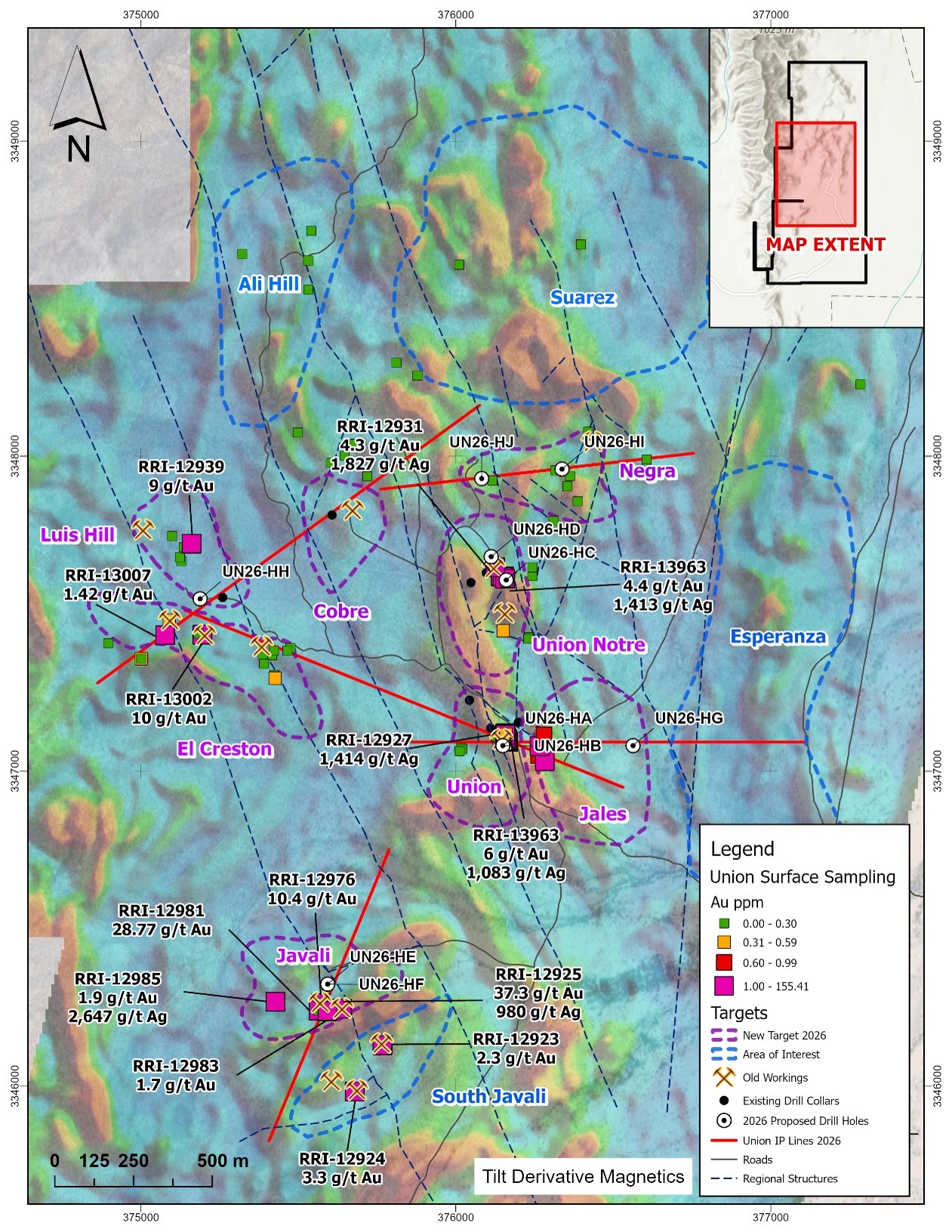 Figure 1: Map showing the integration of geophysics from the drone aeromagnetic survey and IP lines, along with assay data collected during Riverside ' 