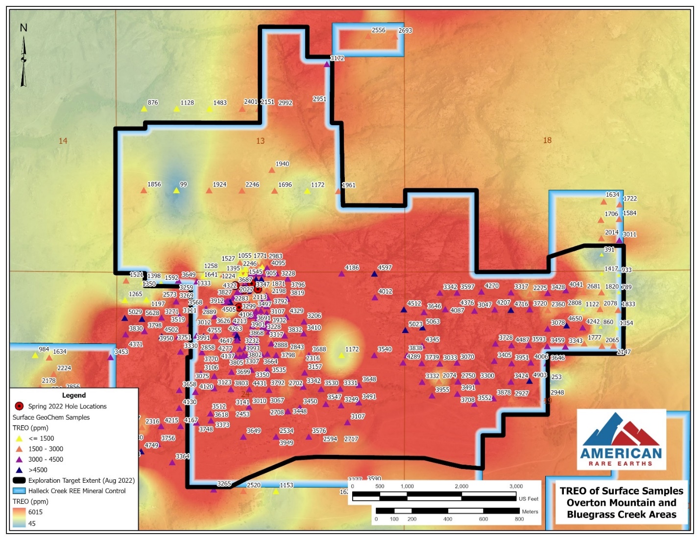 Overton Mountain and Bluegrass Creek Exploration Target Extent and TREO Distribution
