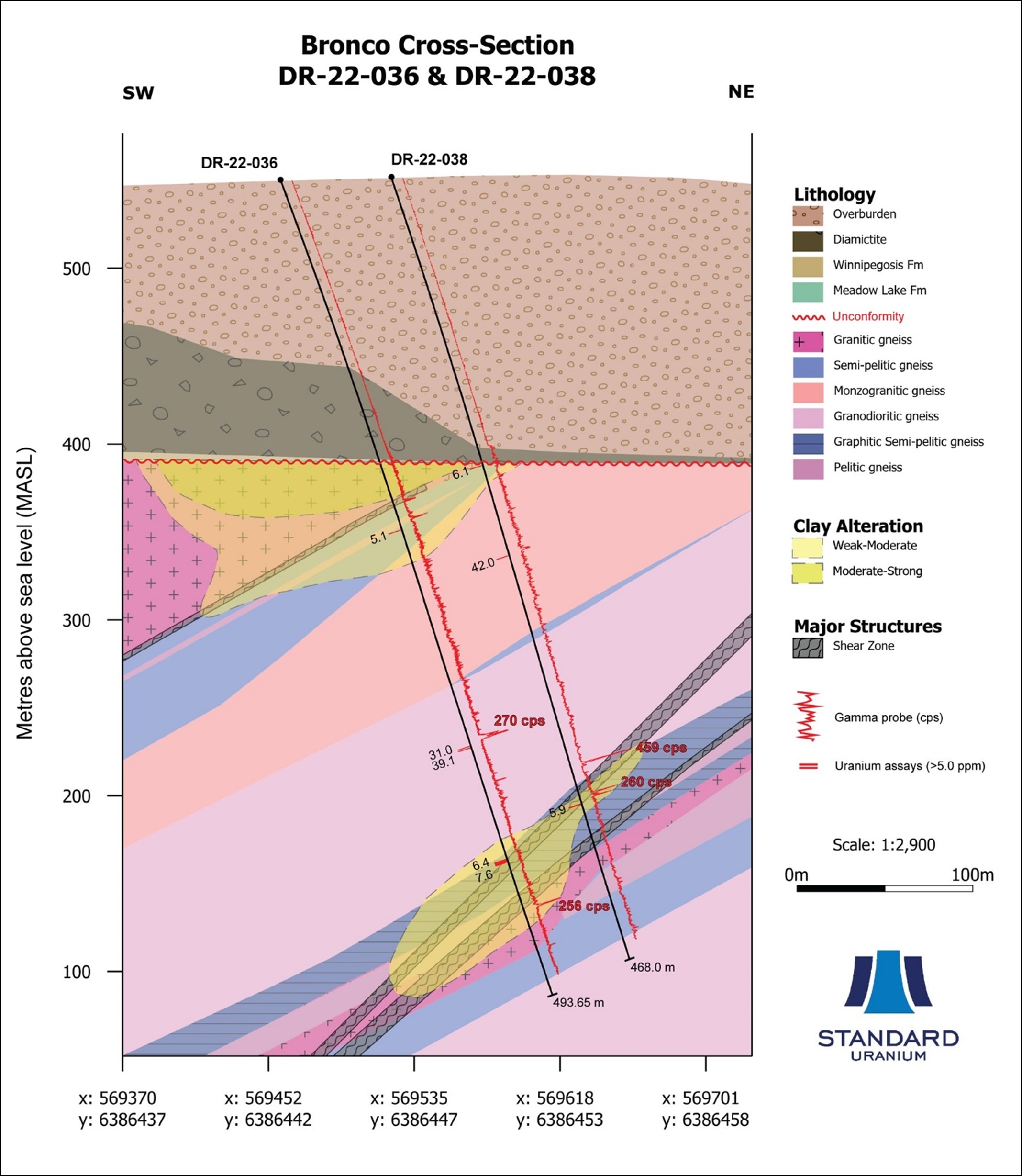 Schematic cross-section featuring drill holes DR-22-036 and -038 along the Bronco conductor. Uranium assays