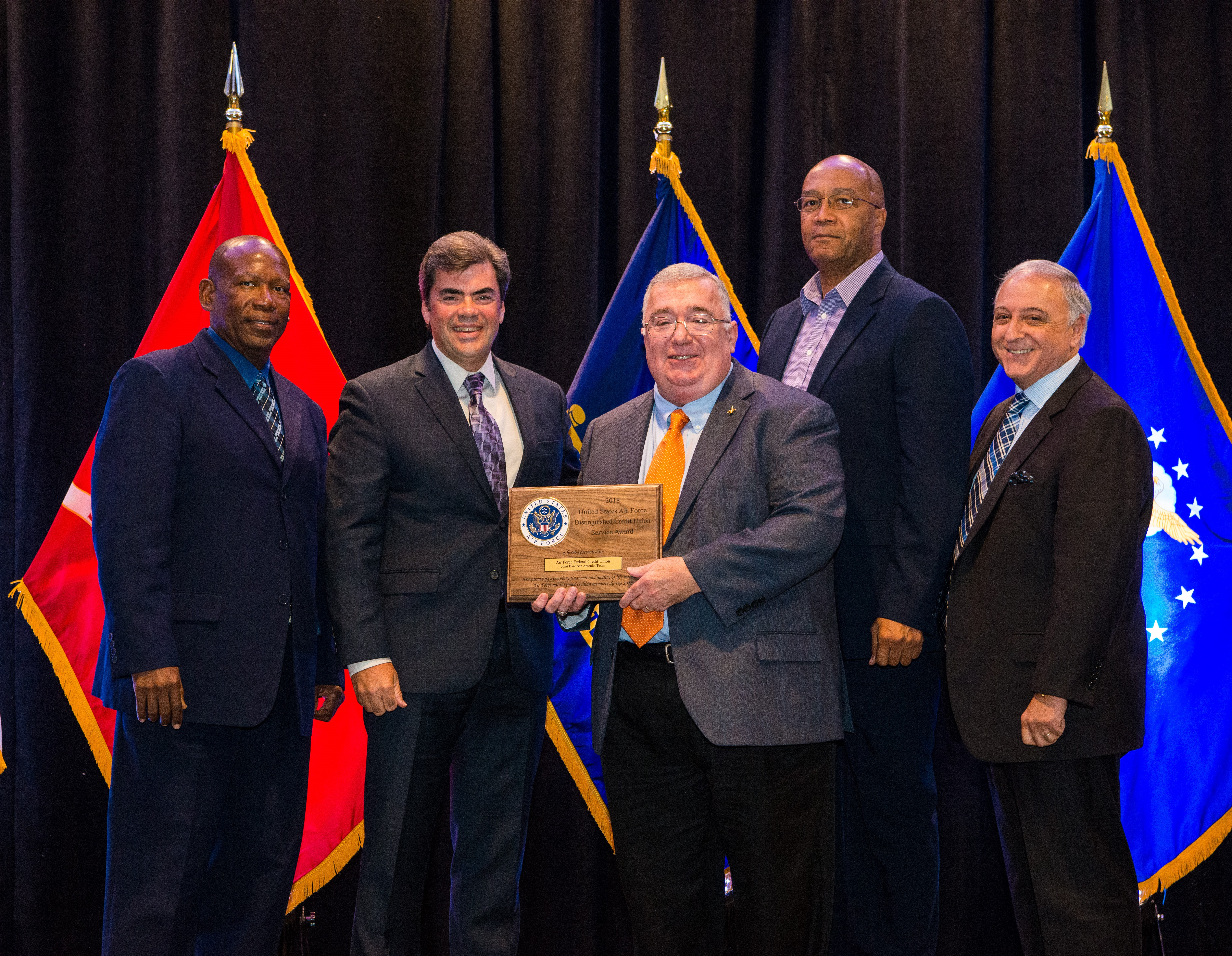 (L-R) Thomas Scott, AFFCU Board Member; Thomas Murphy, Deputy Assistant Secretary for Financial Operations U. S. Air Force; Robert Glenn, AFFCU President/CEO; Brian Rawls, AFFCU Board Member, and Sam Farace, Jr., AFFCU Board Chairman.