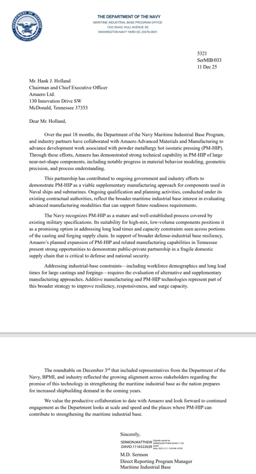 United States Navy Issues Letter of Support