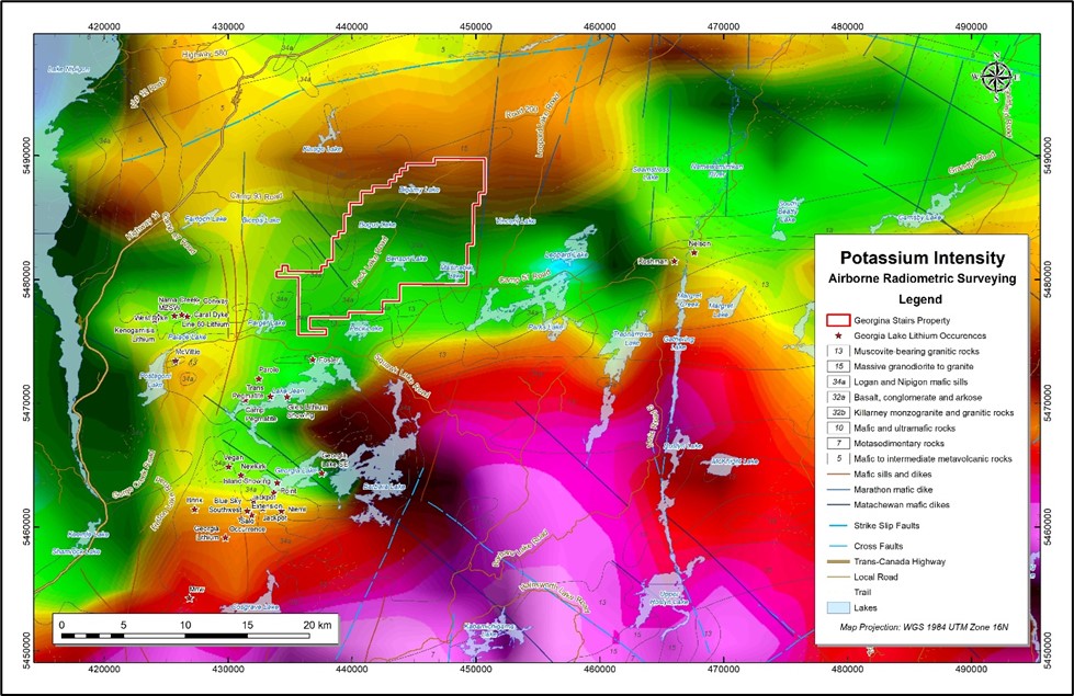 Regional potassium intensity from an airborne radiometric survey for Georgia Lake, Northwestern Ontario.
