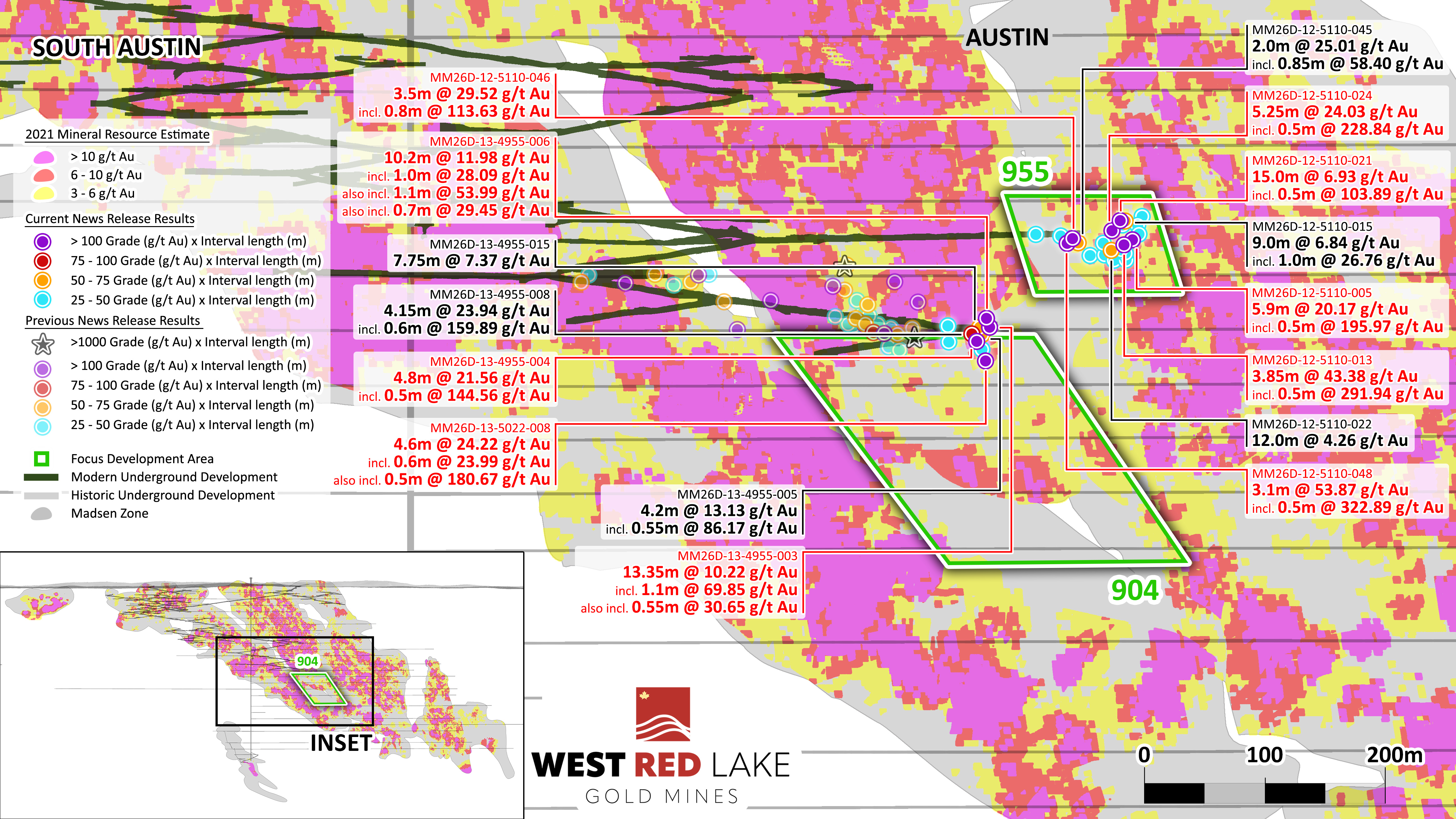FIGURE 6. Long Section showing drill highlights from current press release in Austin 904 and 955 Complexes with (grade x thickness) at ≥ 25 (g/t Au x m).