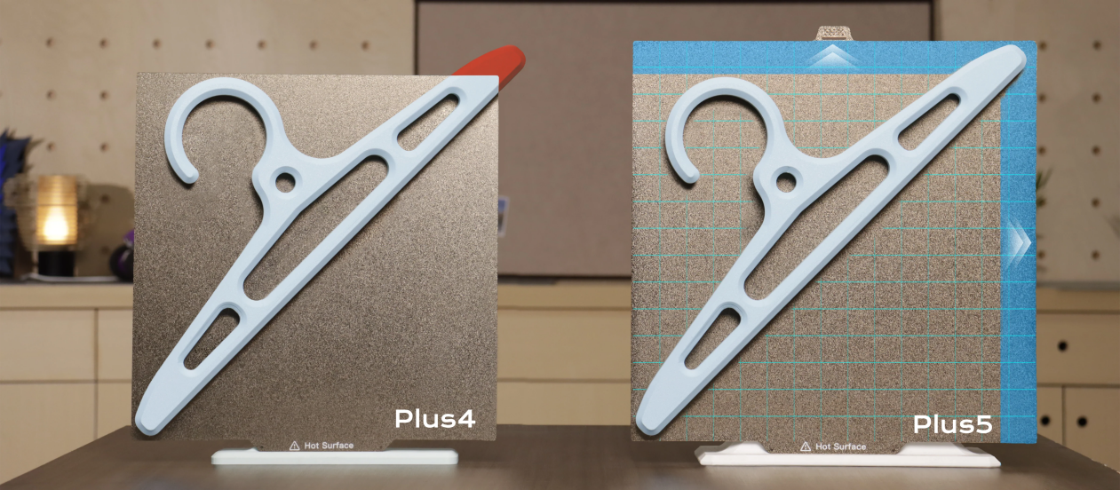 Side-by-side build plate comparison of QIDI Plus4 and Plus5 showing larger print area