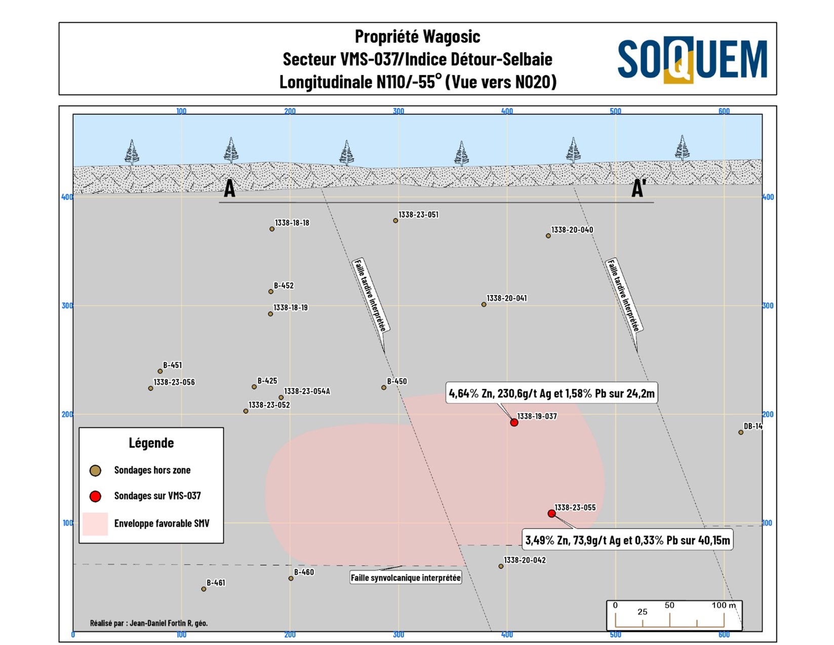 Vue en longitudinale (N110/-55°) du secteur VMS-037 / Indice Détour-Selbaie.