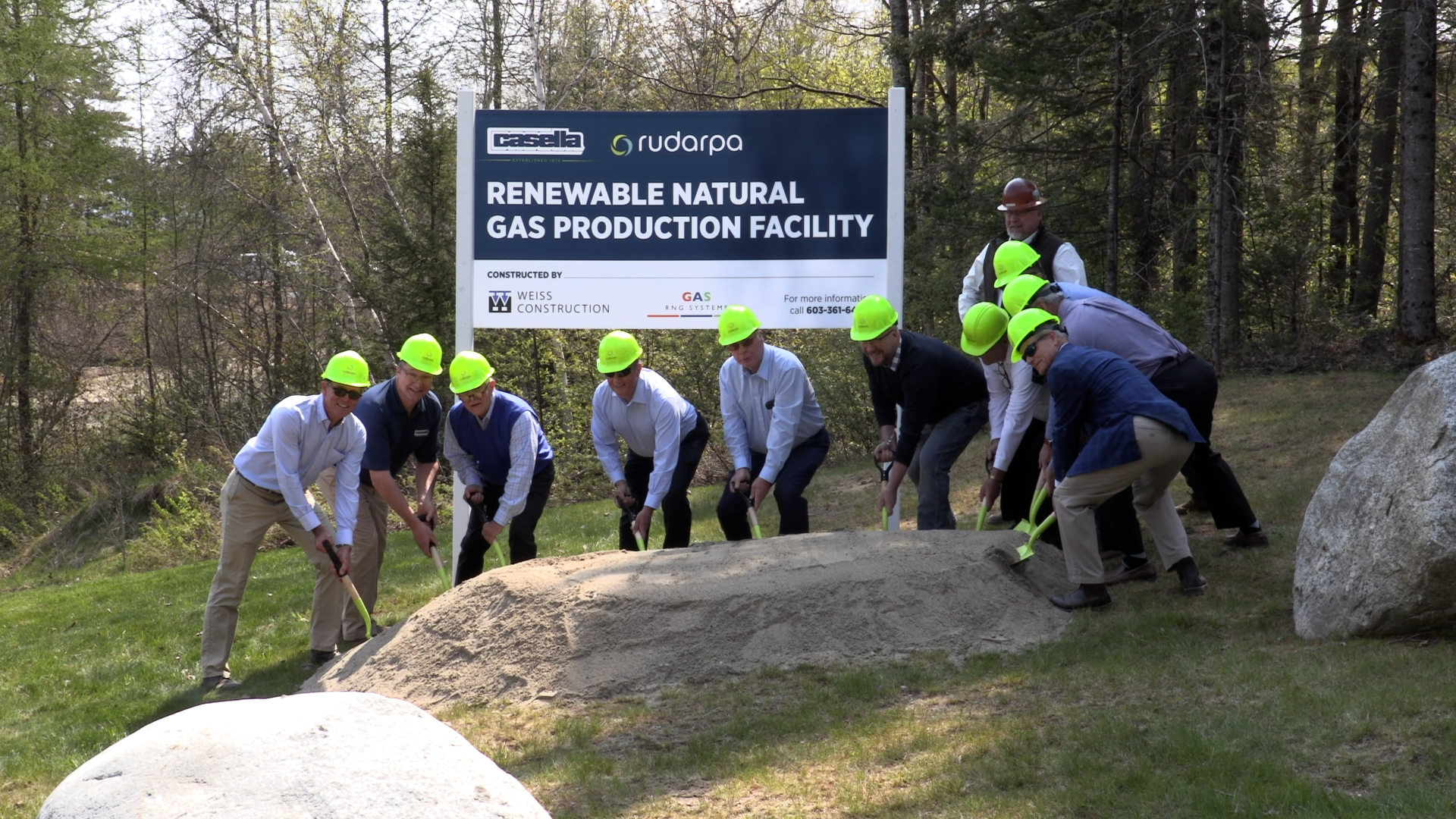 Representatives from Casella, Rudarpa, Liberty Utilities, Weiss Construction, and others officially break ground on a renewable natural gas facility in Bethlehem, New Hampshire.
