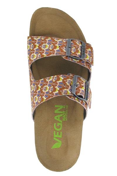 sandals with two straps and two buckles made from vegan leather printed with a red pattern
