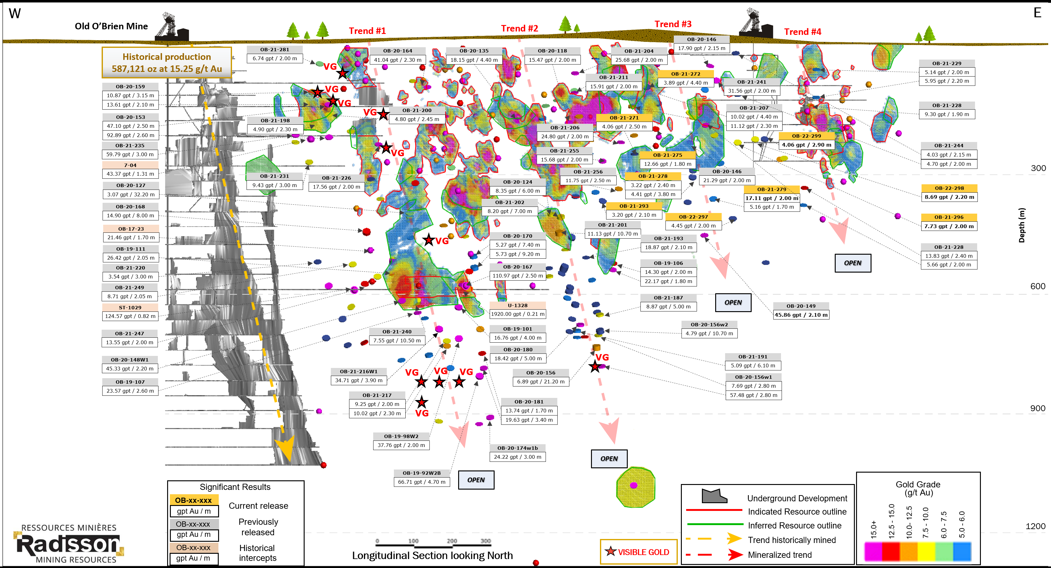 Projet O’Brien : Secteur des ressources courantes à une teneur de coupure de 5 g/t Au, Vue longitudinale