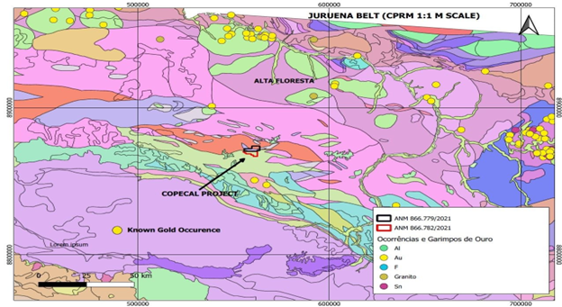 Location of the Copecal Gold Project within the prolific Juruena Gold Belt