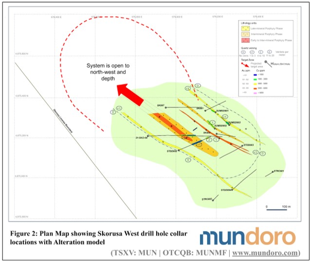 Plan Map showing Skorusa West drill hole collar locations with Alteration model. 