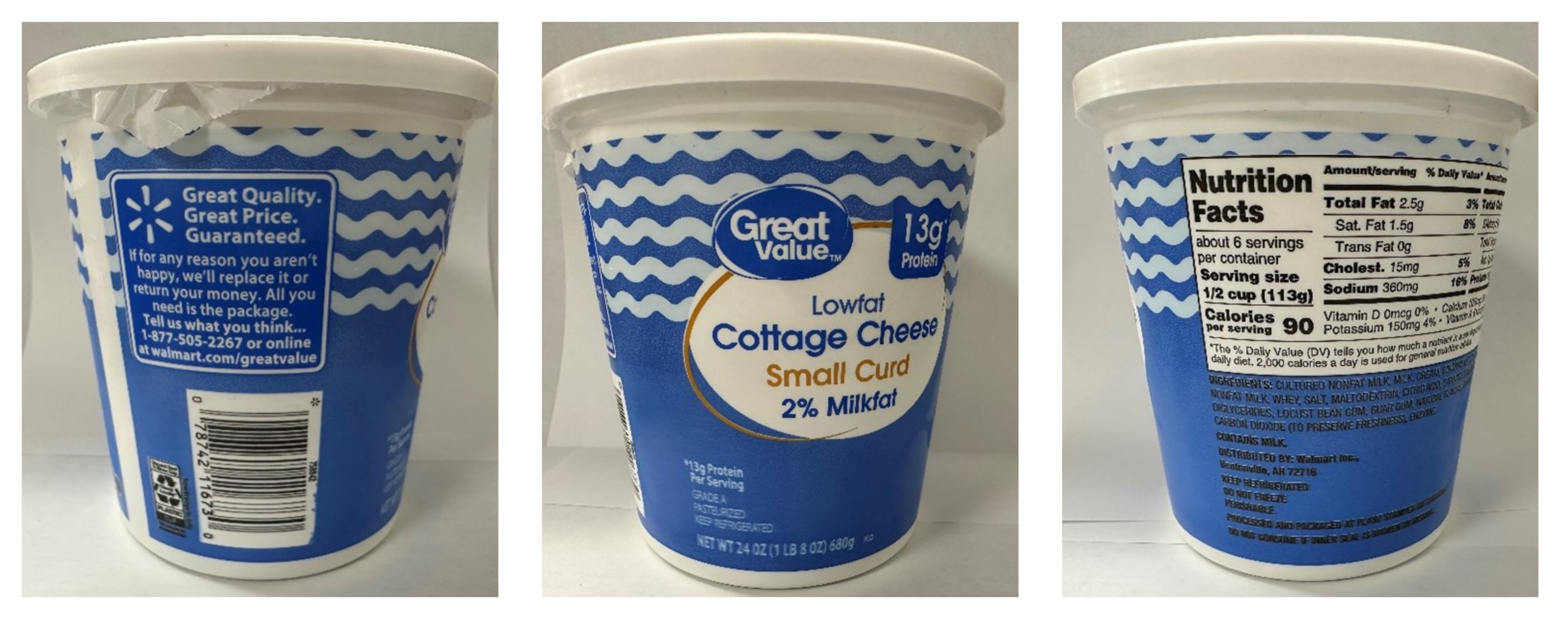 24 oz. container Great Value Lowfat Small Curd Cottage Cheese – 2% Milkfat