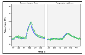 Representative temperature recordings from thermal probes (solid blue) and thermometry (green circles).