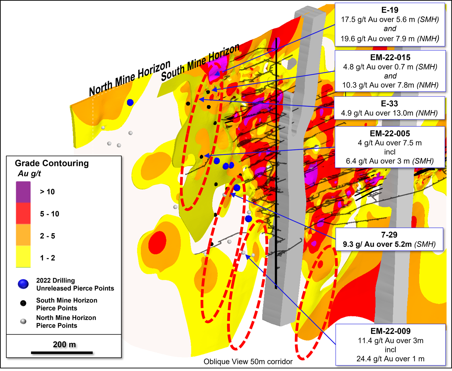 Oblique view showing SMH and NMH trends with grade contouring and highlighted pierce points with corresponding intercepts and target areas.